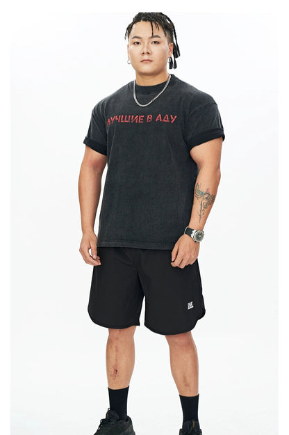 Red Script Washed Muscle T-Shirt  #DH006