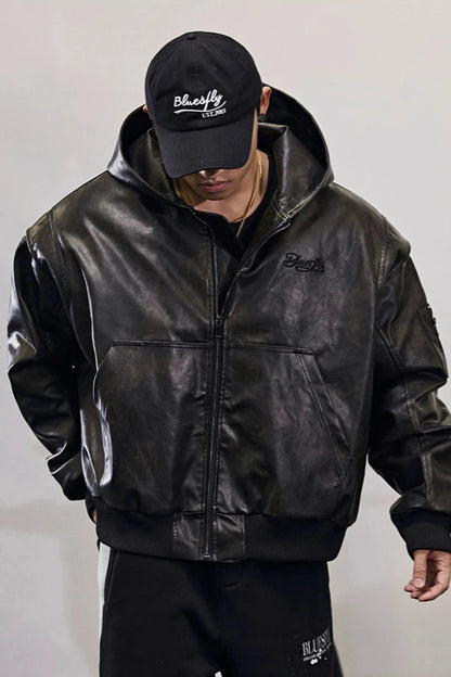 Retro hooded fake leather jacket  #BF025