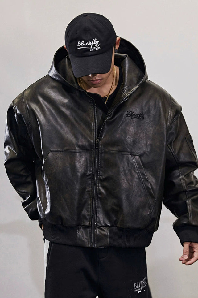 Retro hooded fake leather jacket  #BF025