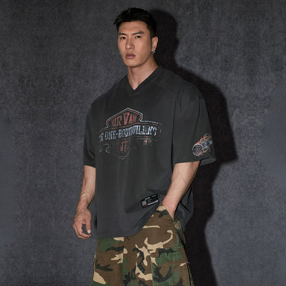 Oversized V-Neck Vintage T-Shirt  #TK038