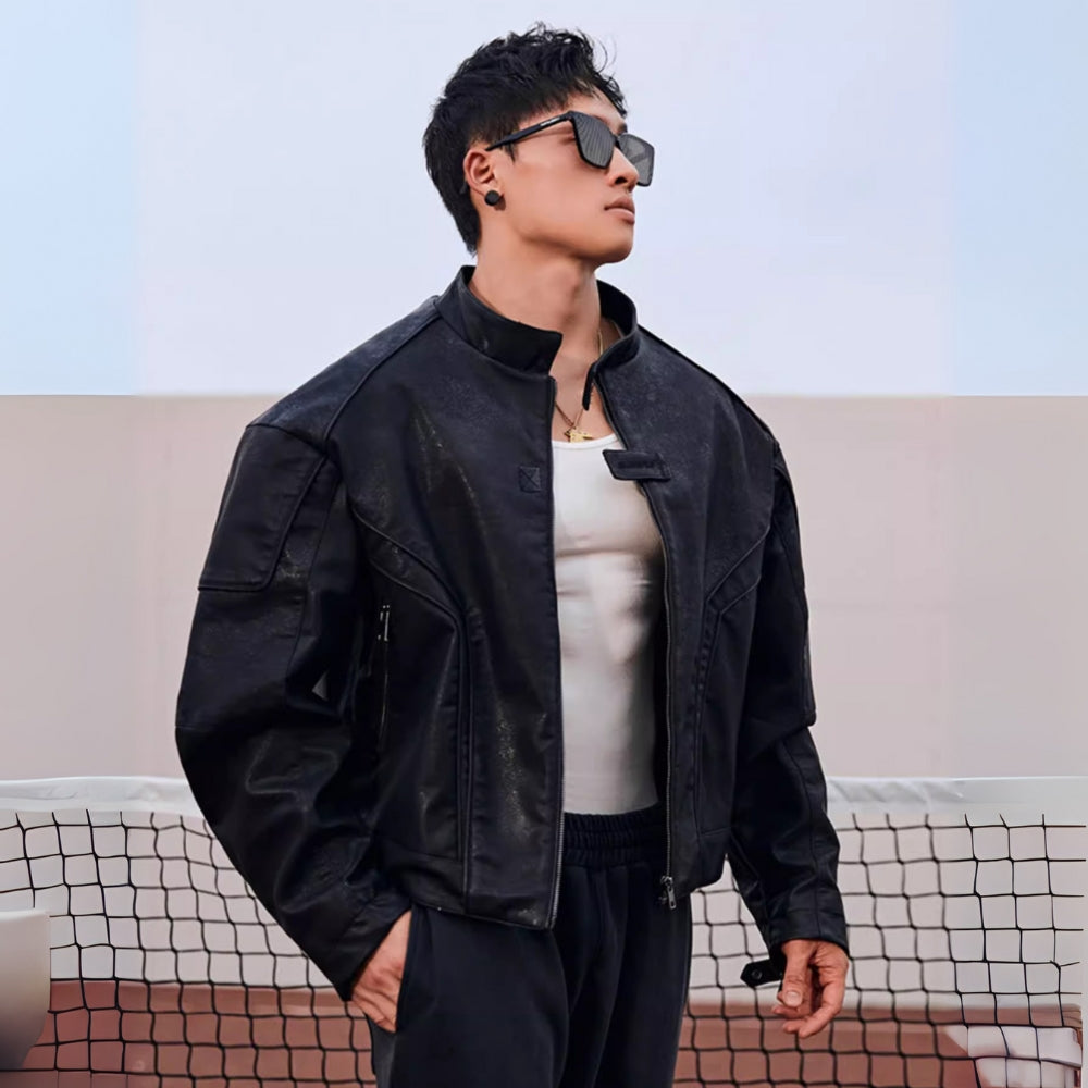 Collarless zipper faux leather jacket  #BF039